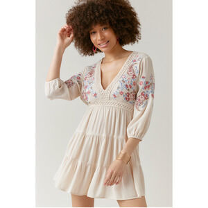 Audrey Parks Francescas Boho Norah Dress XS Floral Embroidered A Line 3/4 Sleeve